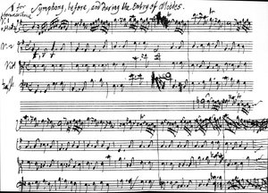 Originele partituur van het begin van de symfonie die de intrede van Alcides begeleidt in Tobias Smollett